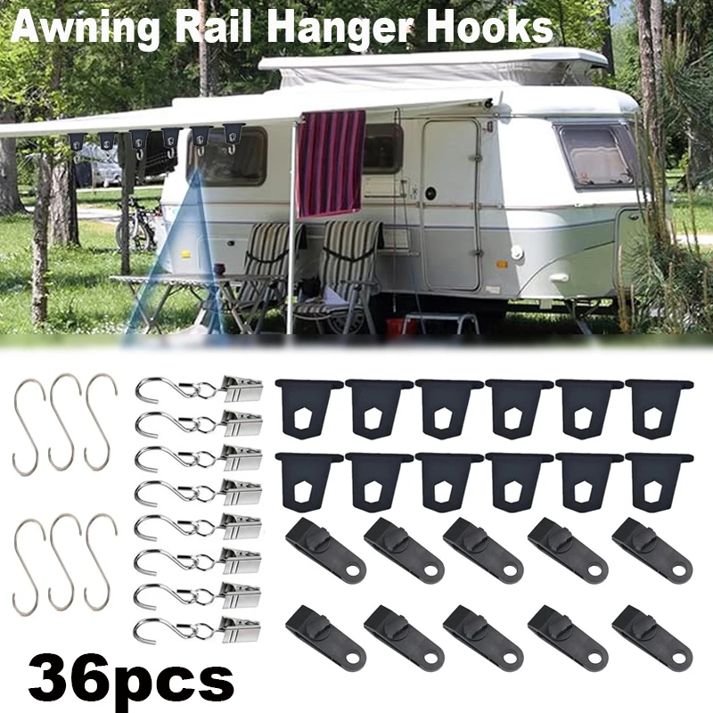 

36PCS/Set RV Awning Hooks Camping Hangers S Shaped Set For Fiamma Thule Omnistor Motorhome Camping Tent Clamp Tarp Clips Buckle