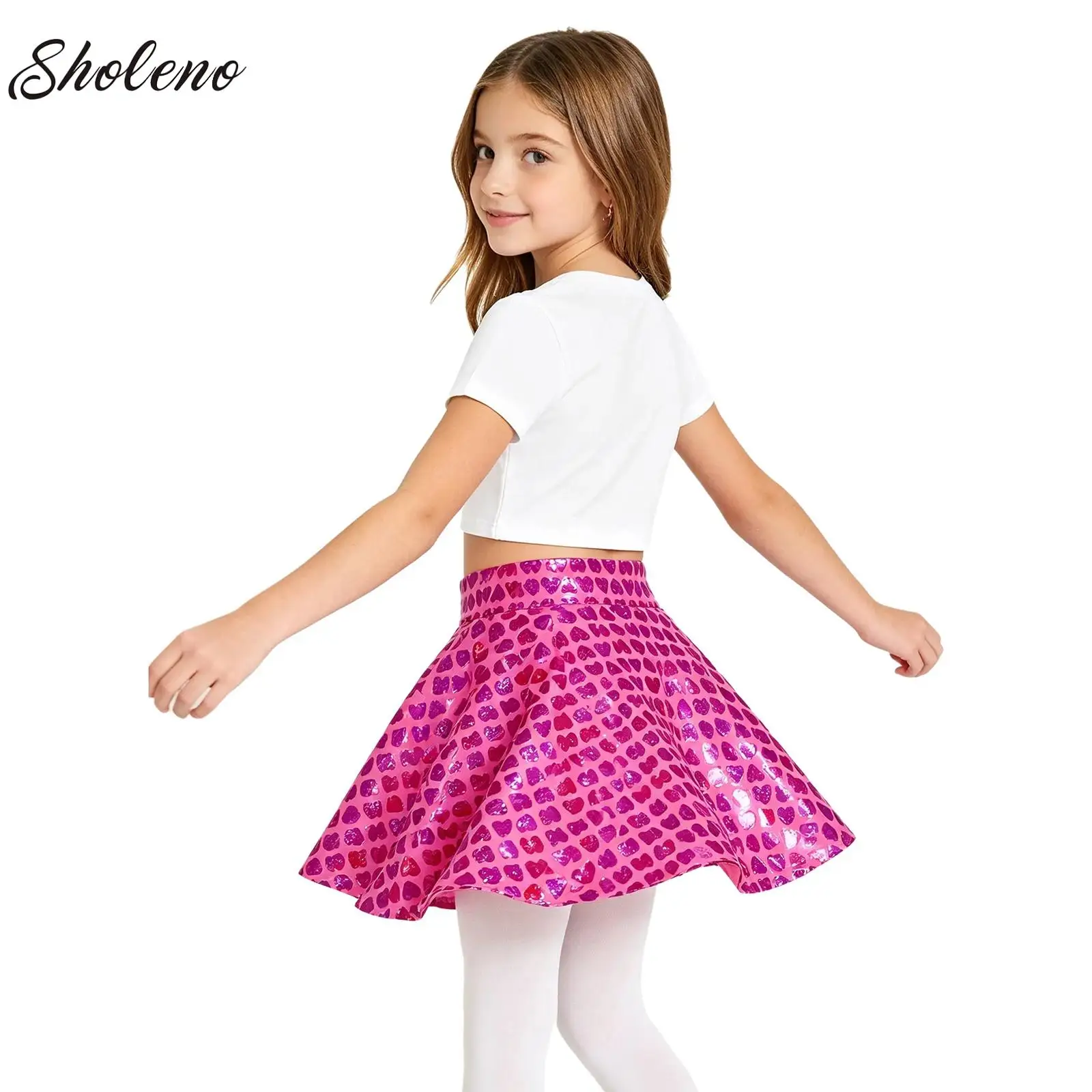 Kids Girls Flared Pleated Skirts Modern Street Dance Skater Skirt Solid Color Metallic Scooter Skirt Ruffled Athletic Costume