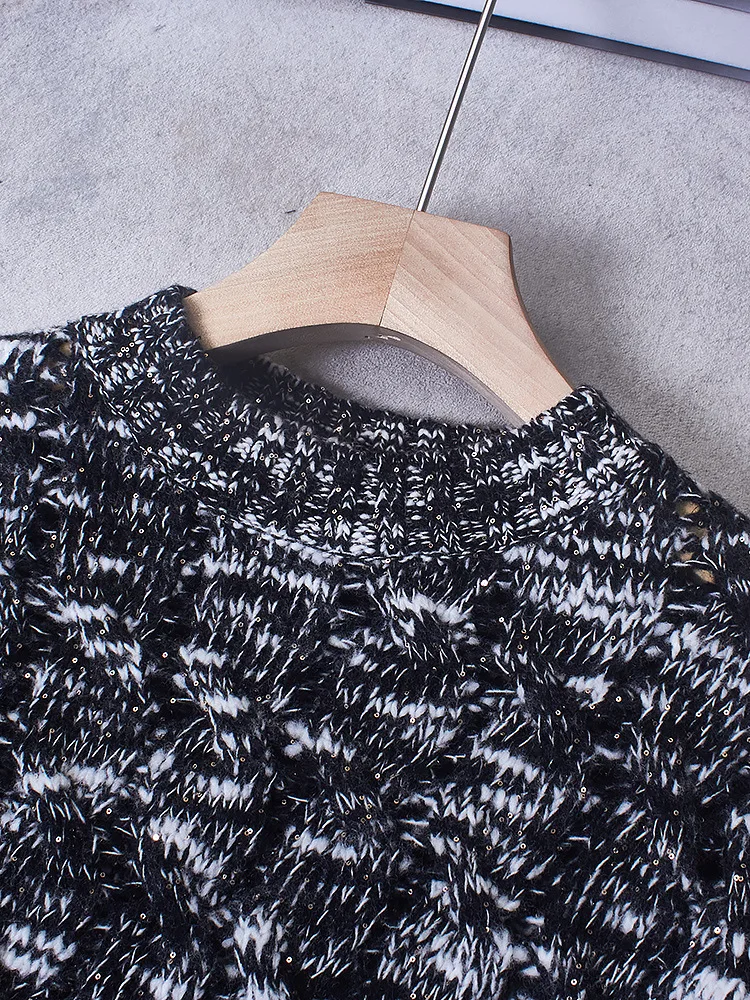 

Женский зимний новый кашемировый свитер, пуловер с круглым вырезом, свободный топ с витыми пайетками и полым цветочным принтом