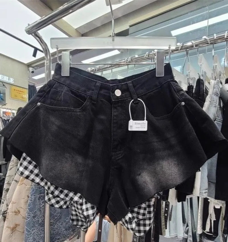 Streetwear Women Summer New Personalized Hotsweet Girl Checkered Splicing Fake Two Piece Washed Distressed Irregular Jean Shorts