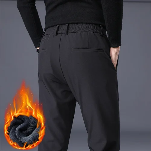Imagen 2 del producto Pantalones informales de negocios para hombre, cálidos de lana, elásticos, ajustados, a la moda, térmicos coreanos, ropa clásica Simple de felpa para invierno