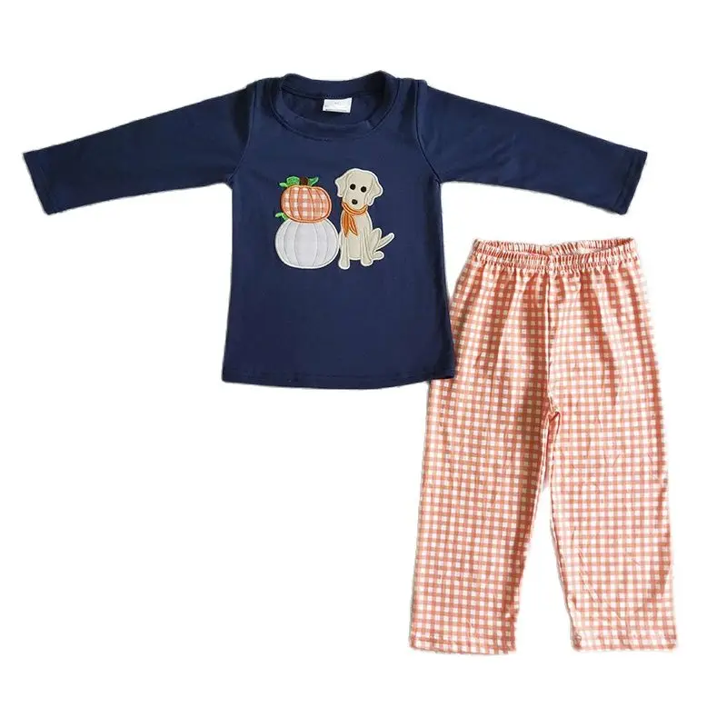 Thanksgiving Baby Boy Embroidery Pumpkin Kid Clothes Infant Dog Cotton Shirt Pajamas Set Plaid Pants Toddler Children New Outfit