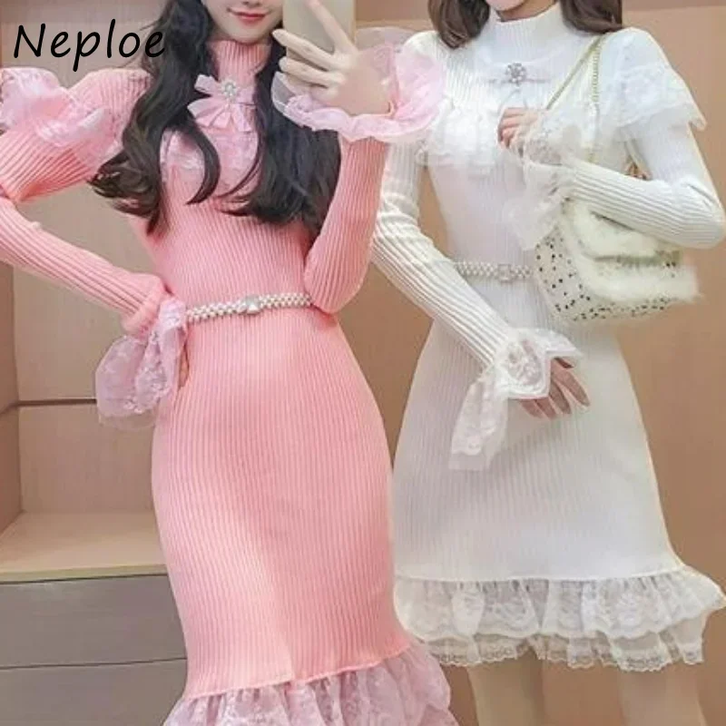 Neploe Stand Neck Lace Patchwork Bowknot Robe Femme Vestidos De Mujer Elegant Solid Color Flare Sleeve Knit Hip Package Dresses