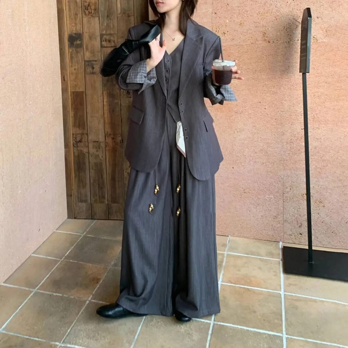 BJTZ سترة واحدة الصدر الخامس الرقبة سترة عالية الخصر السراويل واسعة خمر المرأة 3 قطعة دعوى مجموعة ربيع الخريف موضة جديدة