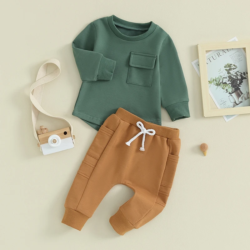 Toddler Baby Boy Sweat Outfits Long Sleeve Pocket Pullover Sweatshirt Jogger Pants Set 2Pc Fall Winter Clothes