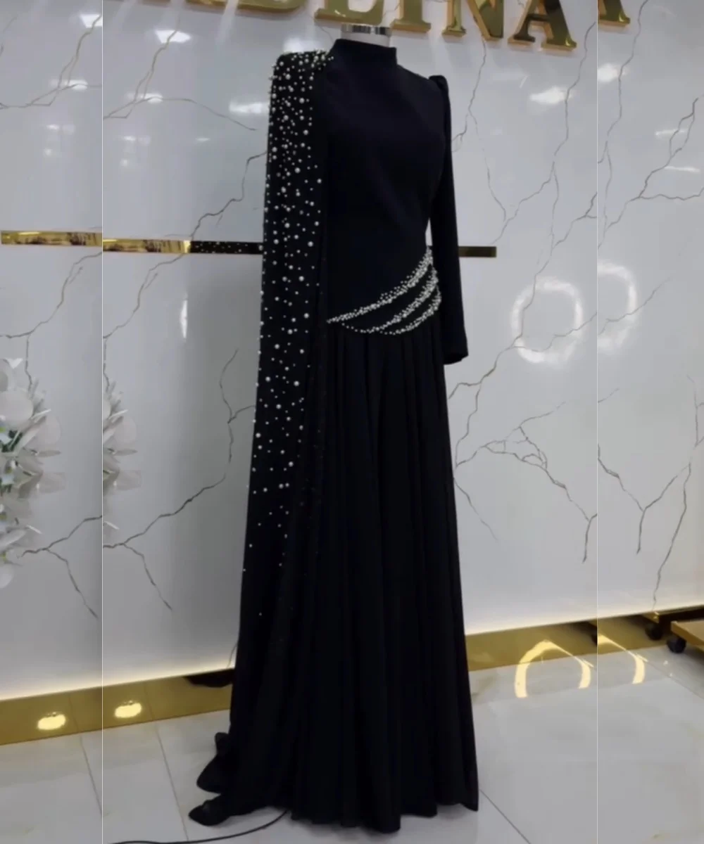 

Customized Exquisite Jersey Pleat Pearl Sequined A-line High Collar Long Evening Dresses Luxury 2025 Simple