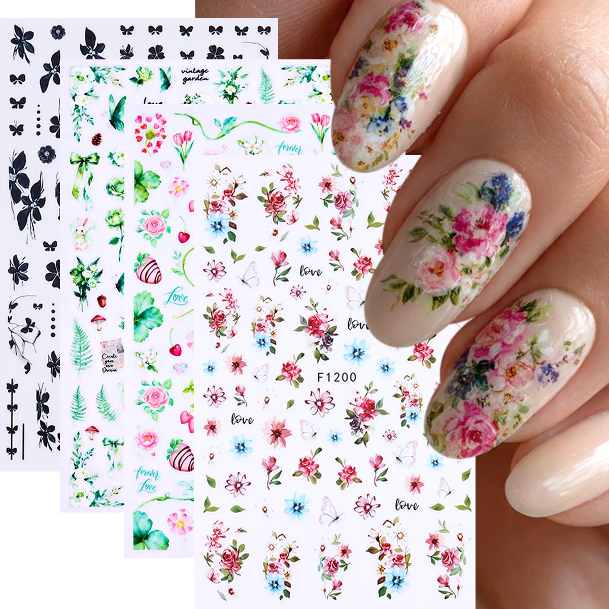 Pink Flower, Leaf, and Bow Pattern Nail Stickers; Chinese Style Peony Nail Stickers; Self-Adhesive Fantasy Theme Nail Decoration
