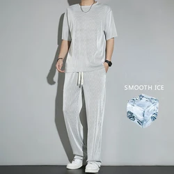 New Ice Silk Sports Set Men's Summer Thin Tracksuit Men 2024 Casual Long Pants Short Sleeve T-shirt Quick Drying Clothes Sets