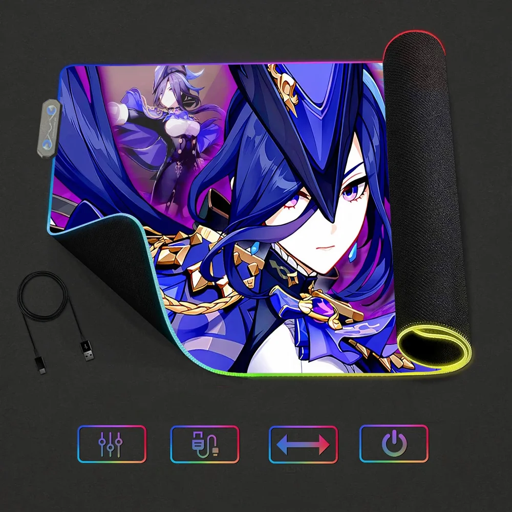 Game Genshin Impact Clorinde S Mouse Pad RGB LED Light Non-Slip Rubber Base Waterproof Office PC Home Best Price Desk-Mat USB La