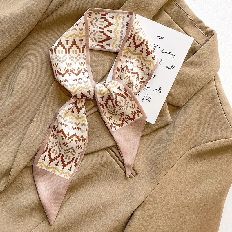 Ins Silk Scarf Lady Hairbands Design Letter Print Khaki Neck Ties Bands Female Summer Spring Floral Bag Handle Ribbons