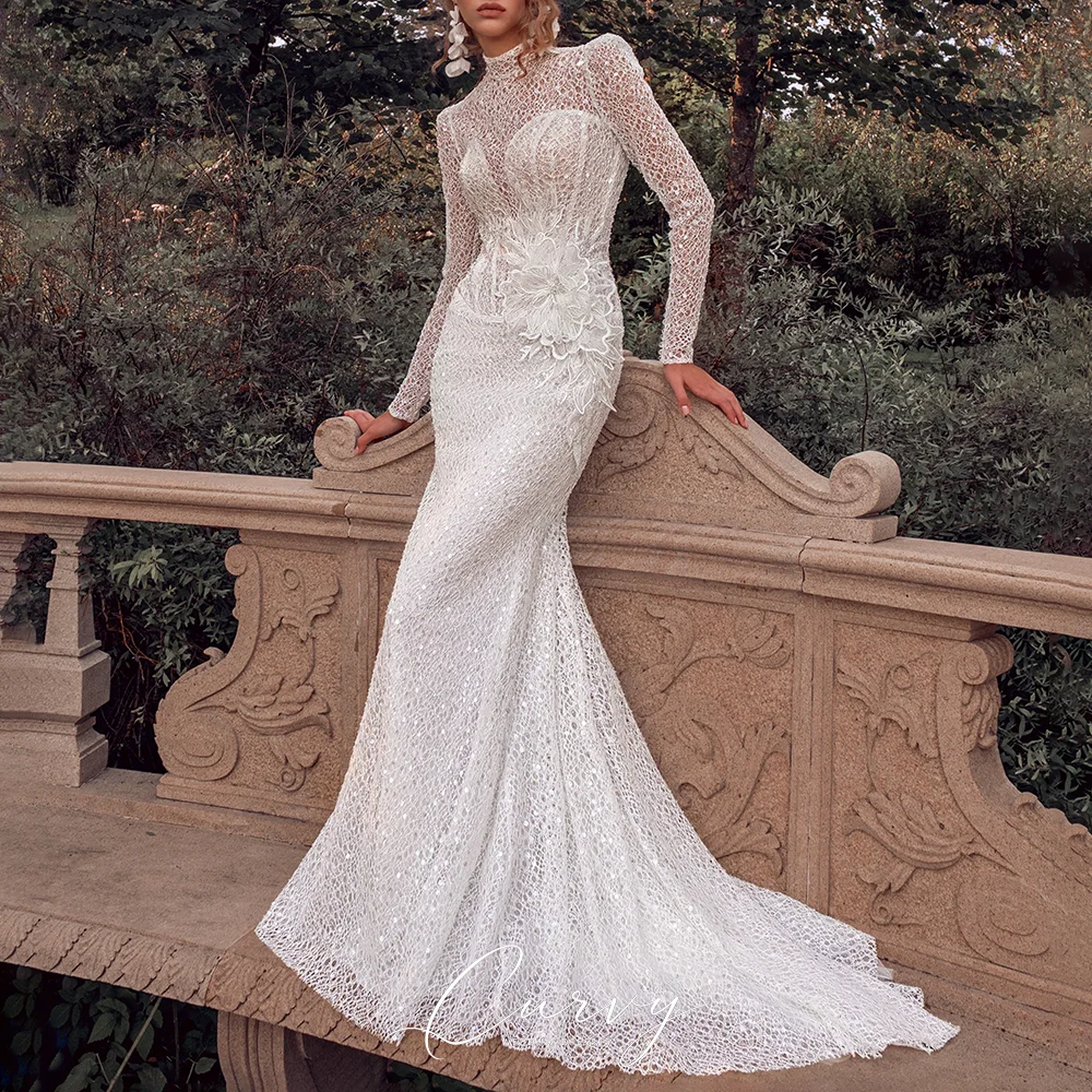 Curvy Elegant Illusion High Neck Full Long Sleeve Sequin Lace Handmade 3D Flower Waist Detail Mermaid Bridal Gowns for Women