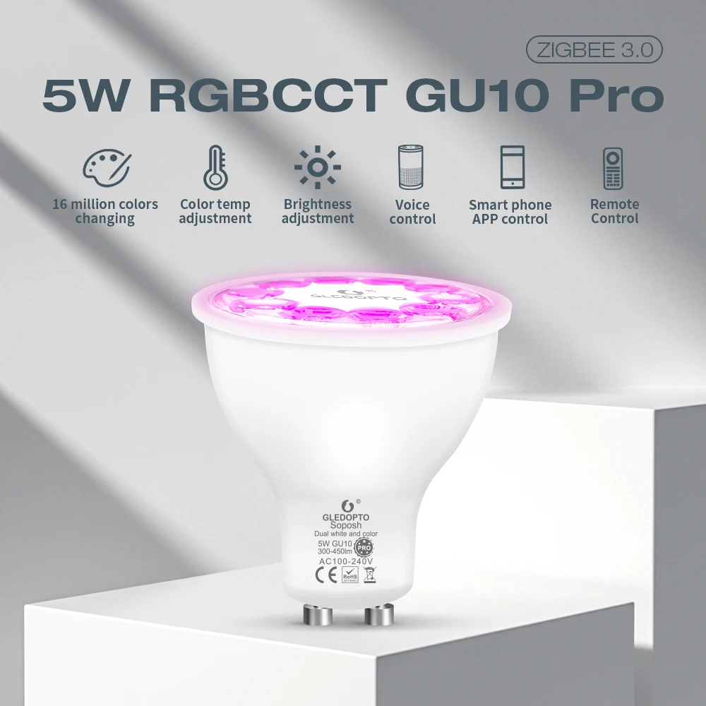 

Gledopto 5W GU10 Pro LED Light Spotlight Bulb Zigbee 3.0 Suitable For Bedroom Living Room Kitchen Ceiling Color Changing