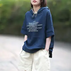 Women Summer New Hooded Collar Pullover Fashion Artistic Style Drawstring Printed T-shirt Loose and Versatile Short Sleeved Tops