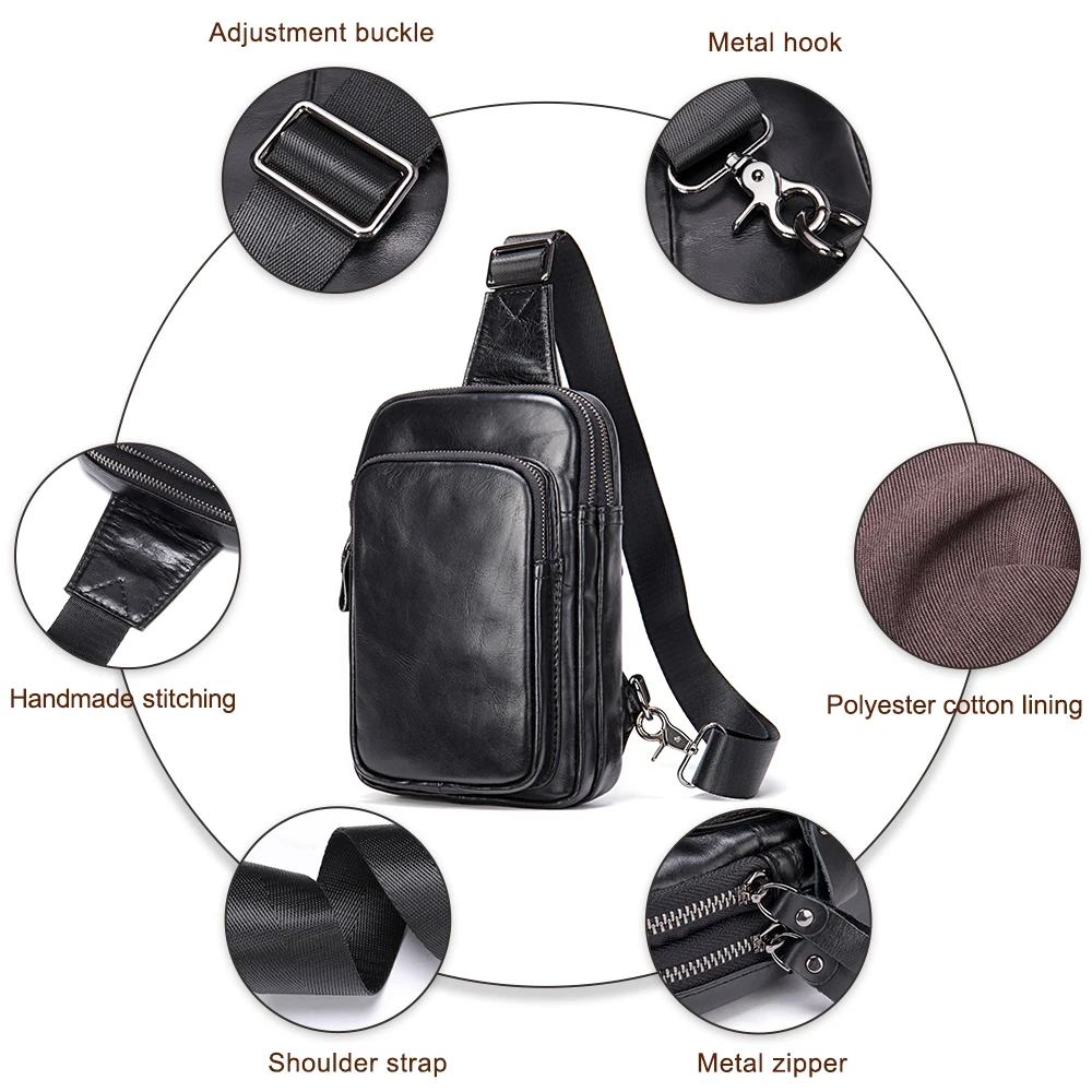 WESTAL-Sac à bandoulière en cuir véritable pour homme, 100% cuir de vachette, sacs de messager pour homme, sacs de poitrine noirs pour téléphone, sac initié au sport décontracté