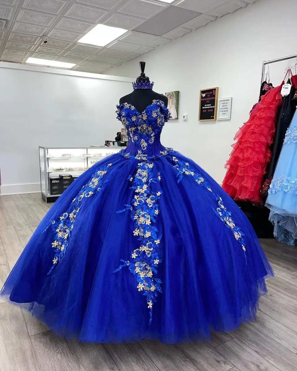 2023สีน้ำเงิน Off ไหล่ Quinceanera ชุดเจ้าหญิงชุดราตรี Appliques Sweet 15 16ชุด Vestido De 15 Anos Party ชุดไปงานเต้นรำ