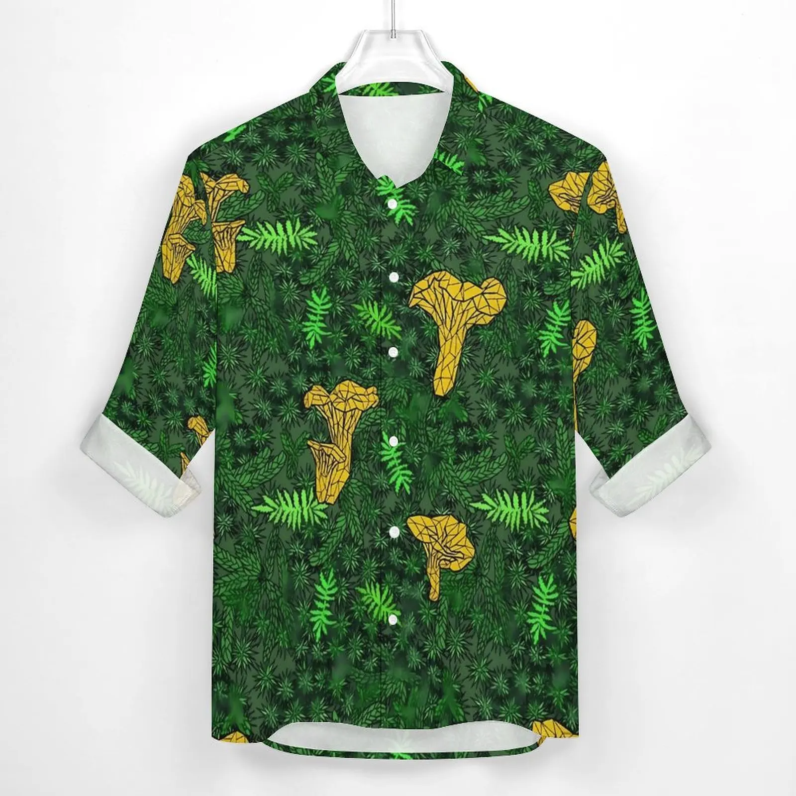 Chanterelle Moss Shirt Green Leaf Print Casual Shirts Long Sleeve Custom Stylish Blouses Autumn Fashion Oversize Clothing