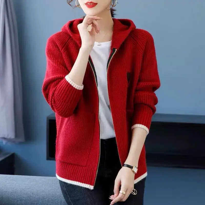 

Women's Autumn Winter Daily Joker Lucky Red Sweater Cardigan Lady Casual Patchwork Heart Knitted Coats Fashion Jackets Female