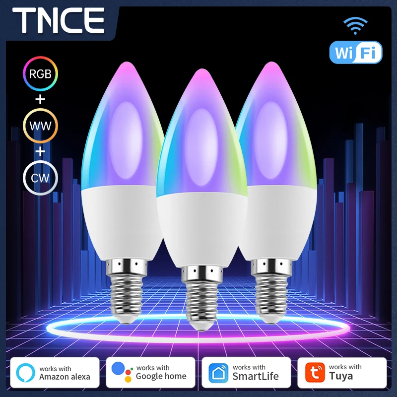

TNCE Tuya E14 WIFI or Bluetooth LED Bulb,RGB C+W Dimmable Candle Lamps,Smart Life APP Control Light,Voice with Alexa/Google home