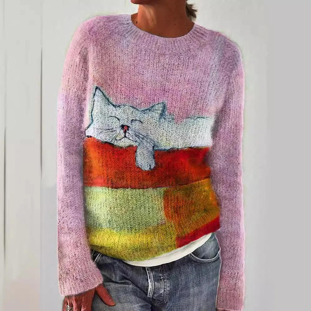 2025 الخريف والشتاء جديد القط طباعة الكتف طويلة الأكمام المرأة سترة عارضة الصوف سترة أوروبا وأمريكا