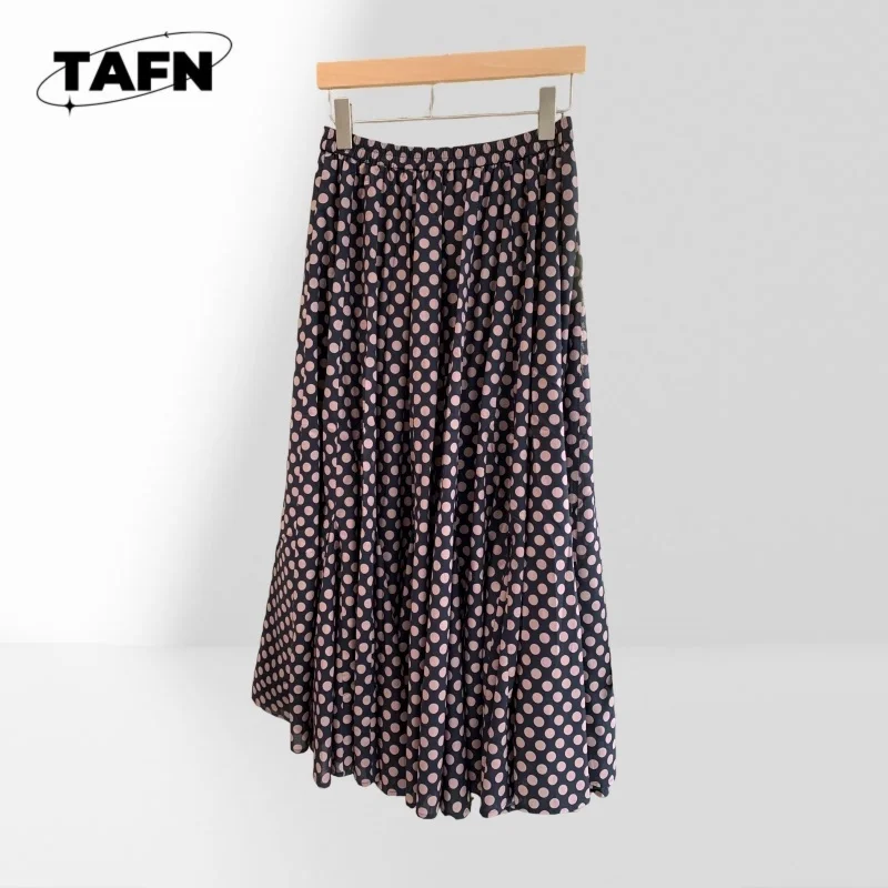 Women's High Waist Polka Dot Pleated Midi Skirt Elastic Waist Flowy A-Line Skirt Elegant Summer Vacation Outfit BB1504