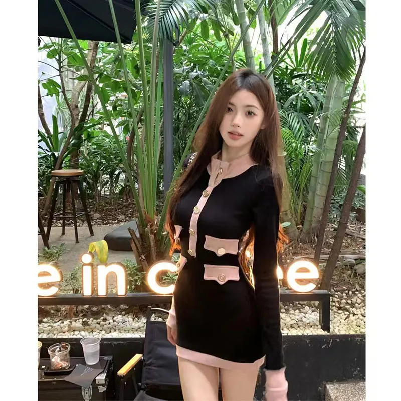 

2024 Autumn Block Color Office Lady Knitted Dress Slim Hips Elegant Women's Mini Dress Half High Collar Sexy Female Pencil Dress