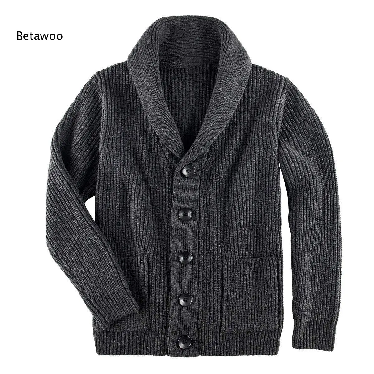 Mens Casual Shawl Collar Button Knit Cardigan Long Sleeve Ribbed Sweater With Side Pockets For Daily Street Occasion