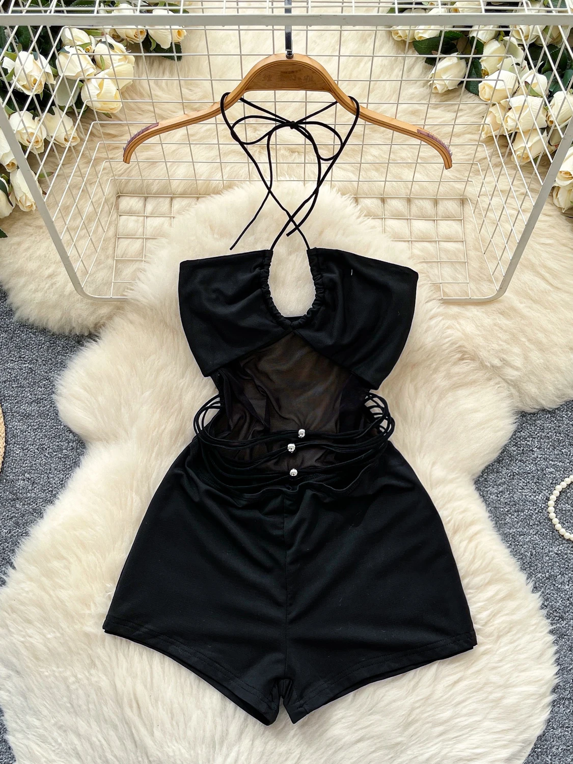 

Ins Women's Summer Design Sensation Metal Bule Hollow out Ne Strap Me Jumpsuit High Waist ort Pants Polyester Fiber
