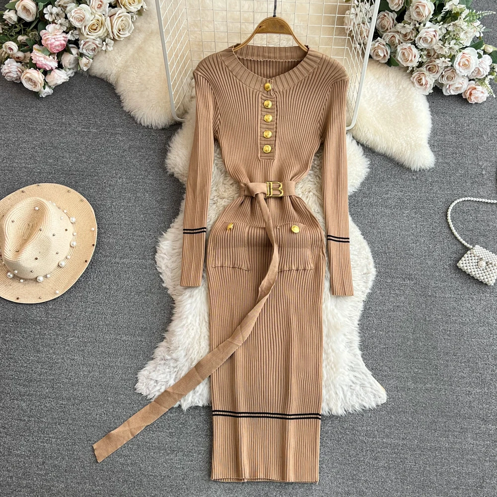 Knitted Sweater Dress Autumn Winter New Women\'s Korean Style Slim Elastic Waist Belt Round Neck Casual Pullover Short Dresses