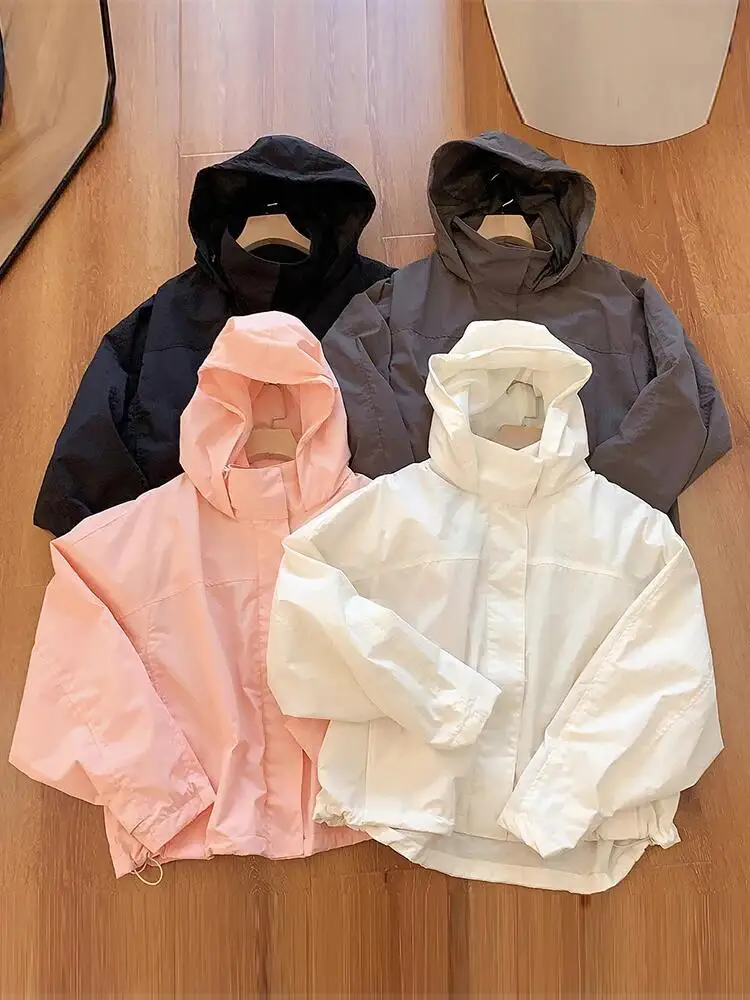 

Осенняя женская ветровка, ветрозащитная однотонная свободная куртка с длинным рукавом на шнурке, спортивная тонкая куртка с капюшоном для женщин