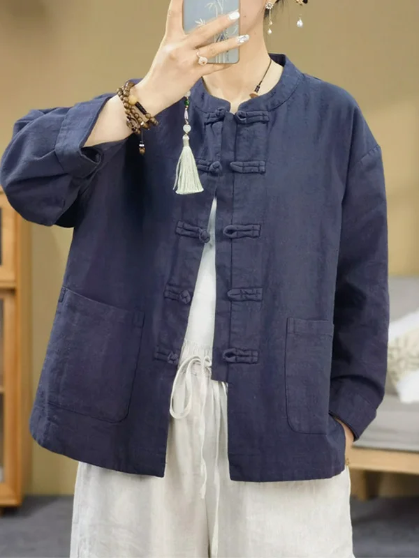 

Spring 2026 Chinese Style Women's Long Sleeve Washed Linen Casual Shirt Button up Cardigan Thin Outerwear Vintage Collar