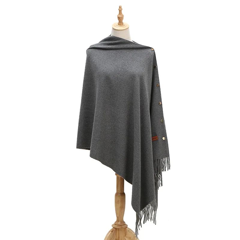 

2022 Spring Autumn Women Imitation Cashmere Lady Shawl Warm Pure Color Tassel Cloak Scarf Dual Purpose Poncho Capes Dark Gray