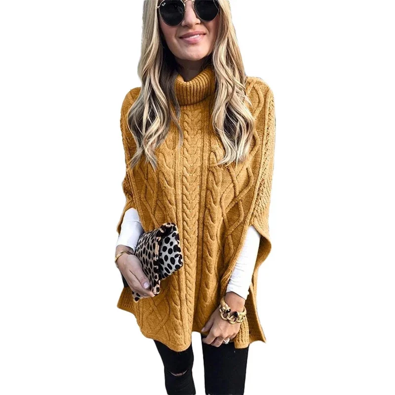 Fashion Bat Sleeve Turtleneck Sweater Women Elegant Knitted Twisted Loose Jumpers Autumn Winter Warm Shawl Outerwear Streetwear