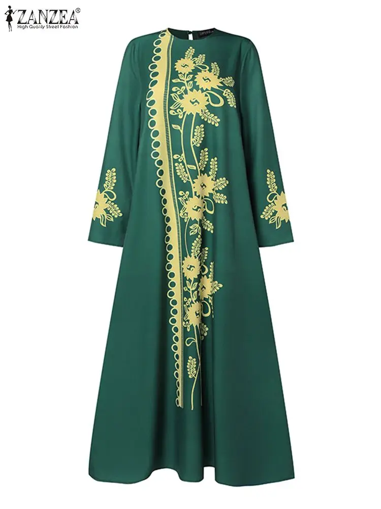 ZANZEA-vestido muçulmano estampado floral para mulheres, abaya vintage, manga longa, vestido de verão maxi, vestimenta de Dubai, Ramadã, 2021