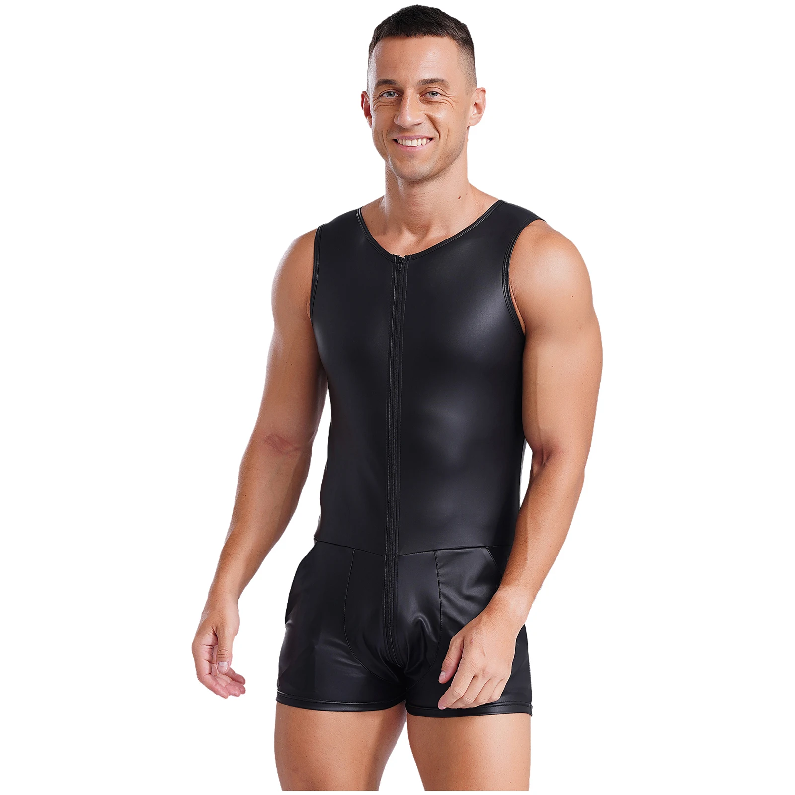 Sexy Mens Faux Leather Zipper Open Front Bodysuit Lingerie Nightwear Jumpsuit Leotard Tempting Clubwear Sportwear