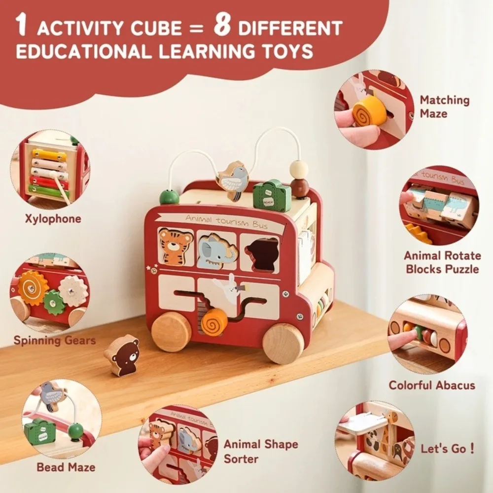 Wooden Early Education Puzzle Matching Multi Functional Six Sided Pushcart Five in One Bus Toy Birthday Gift