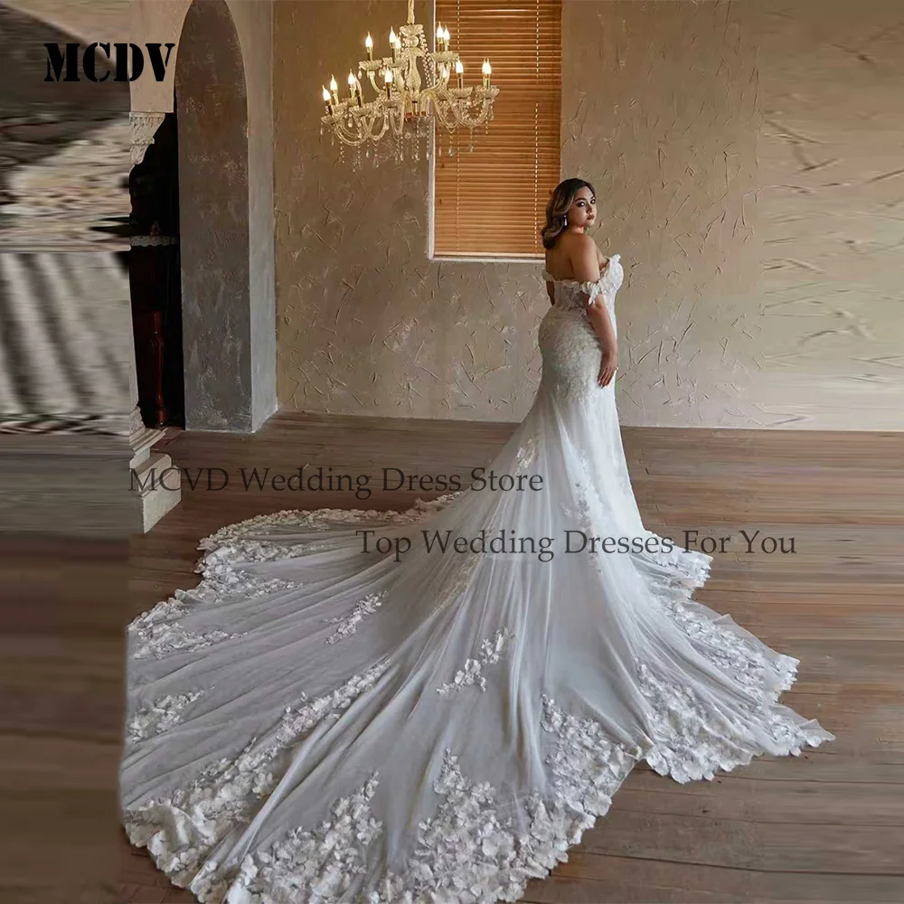 فساتين زفاف كبيرة الحجم بحورية البحر من MCDV على شكل قلب مكشوفة الكتف بطبعة زهور ثنيات فستان زفاف فيستدو دي نوفيا مخصص