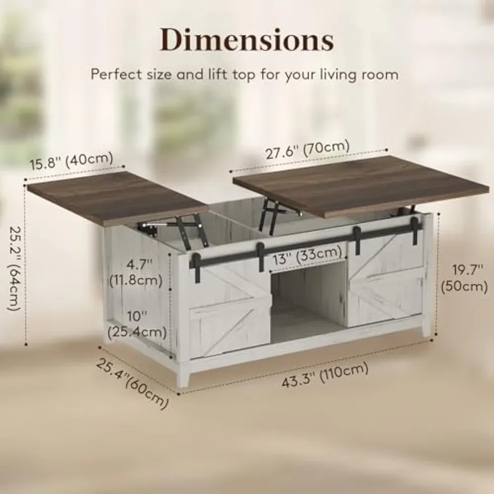 Farmhouse Double Lift Top Coffee Table with Sliding Barn Doors, Wood Square Center Table with Large Hidden Storage Space，White