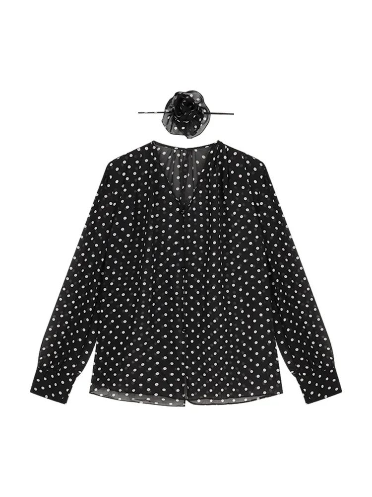 Gagarich French Polka Dot Lace Up V-neck Long Sleeved Shoulder Shirt Women Summer Haute Couture Temperament Loose Black Blouse