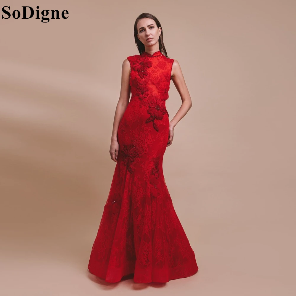 SoDigne Elegant Red Evening Dresses High Neck Sleeveless Mermaid Floral Appliques Backless Party Dress 2024 Sexy Prom Gowns