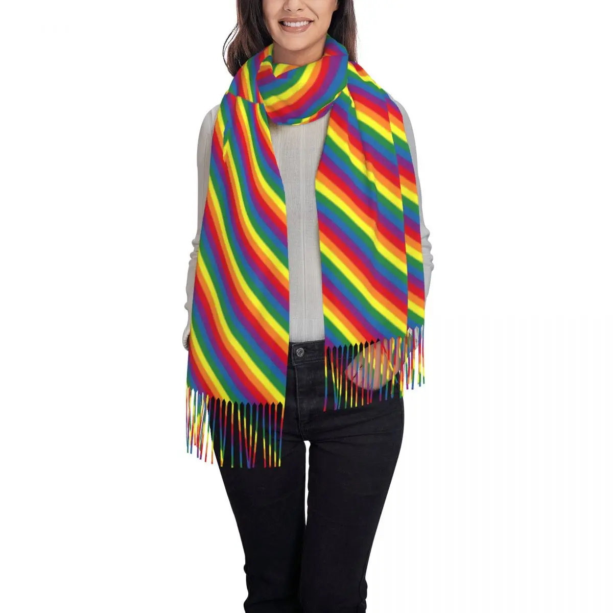 Diagonal Rainbow Scarf Stripes Shawls and Wraps with Long Tassel Womens Vintage Headwear Scarves Autumn Custom DIY Bufanda Mujer