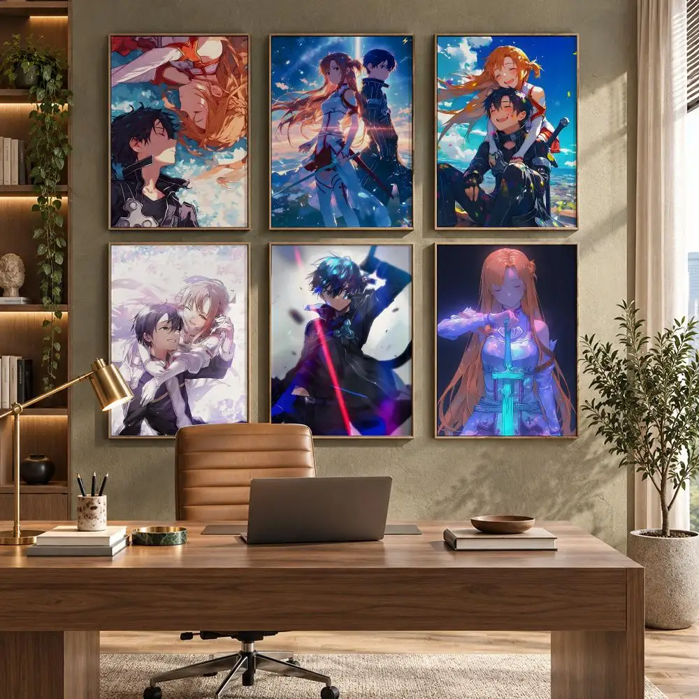 Sword Art Online Fantasy Anime Poster Self-Adhesive PP Paper HD Wall Decal for Study Living Room Garage DIY Gift