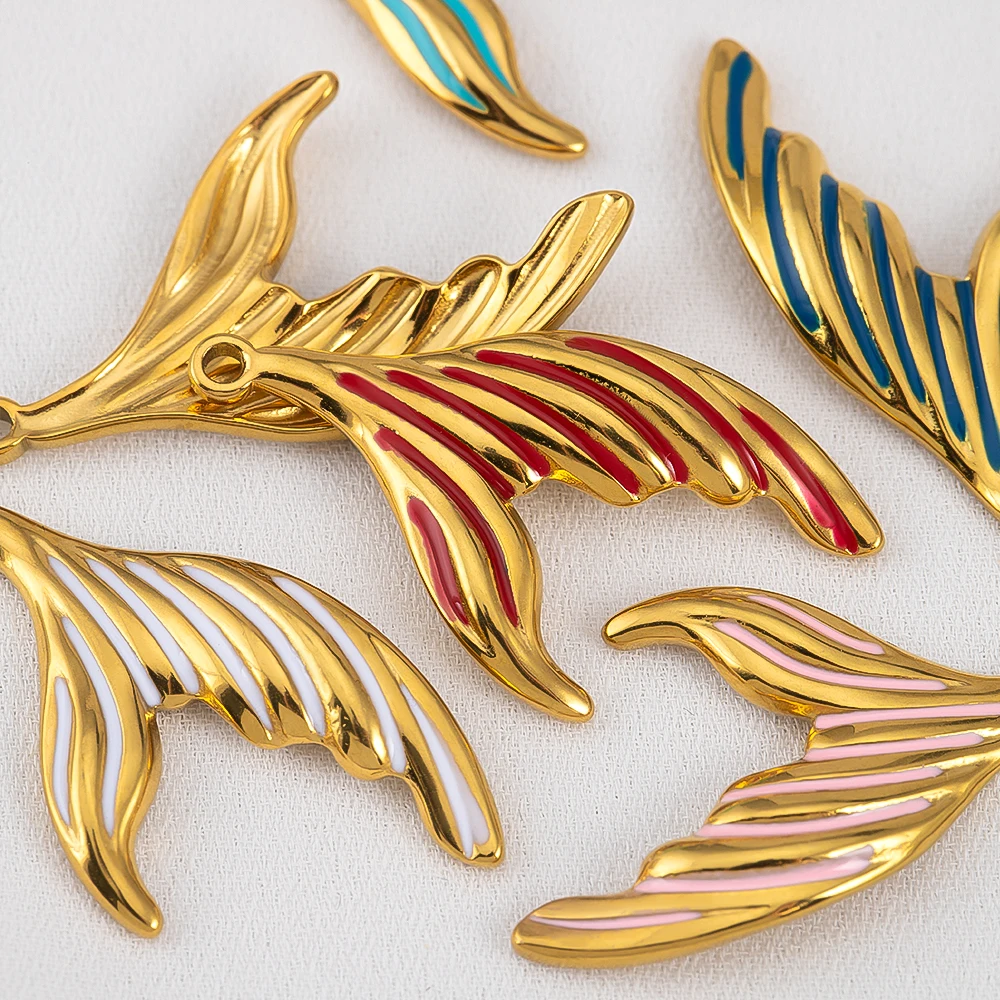 2pcs 304 Stainless Steel Enamel Fish Tail Pendant Mermaid Tail Charm DIY Trend Necklace Earring Jewelry Making Keychain Supplies - Detail 1