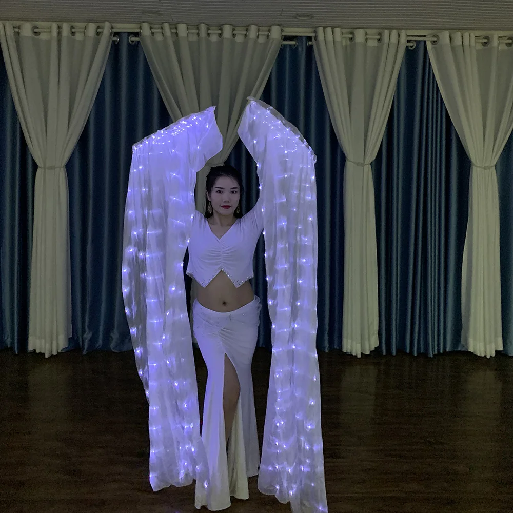 جديد الأبيض 1 زوج LED مروحة الحجاب الرقص الشرقي 100% الحرير مروحة الرقص الحجاب توهج الثناء مصباح ليد يصل العرض