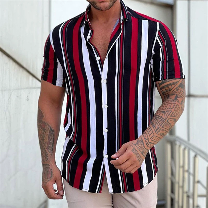 

Simple Striped Graphic Shirts For Men Fashion Summer Short Sleeve 3D Printed Lapel Button Shirt Loose Breathable Daily Wear Tops