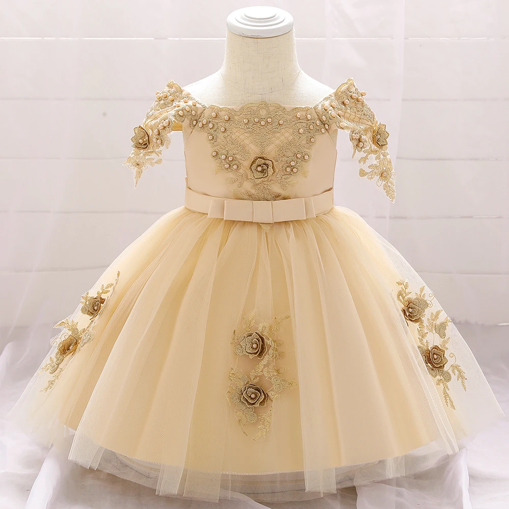Toddler Flower Party Baby Dresses Christmas Tulle Beading Embroidery 1st Birthday Princess Girls Dress Red Wedding New Year Gown