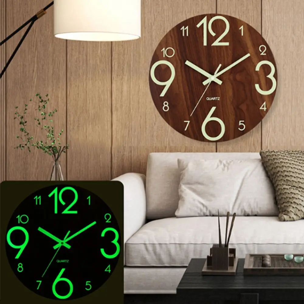 

Silent 12 Inch Luminous Wall Clock Wood Grain Fashion Digital Clock Non Ticking Battery Operated Quartz Wall Clock Wall Decor