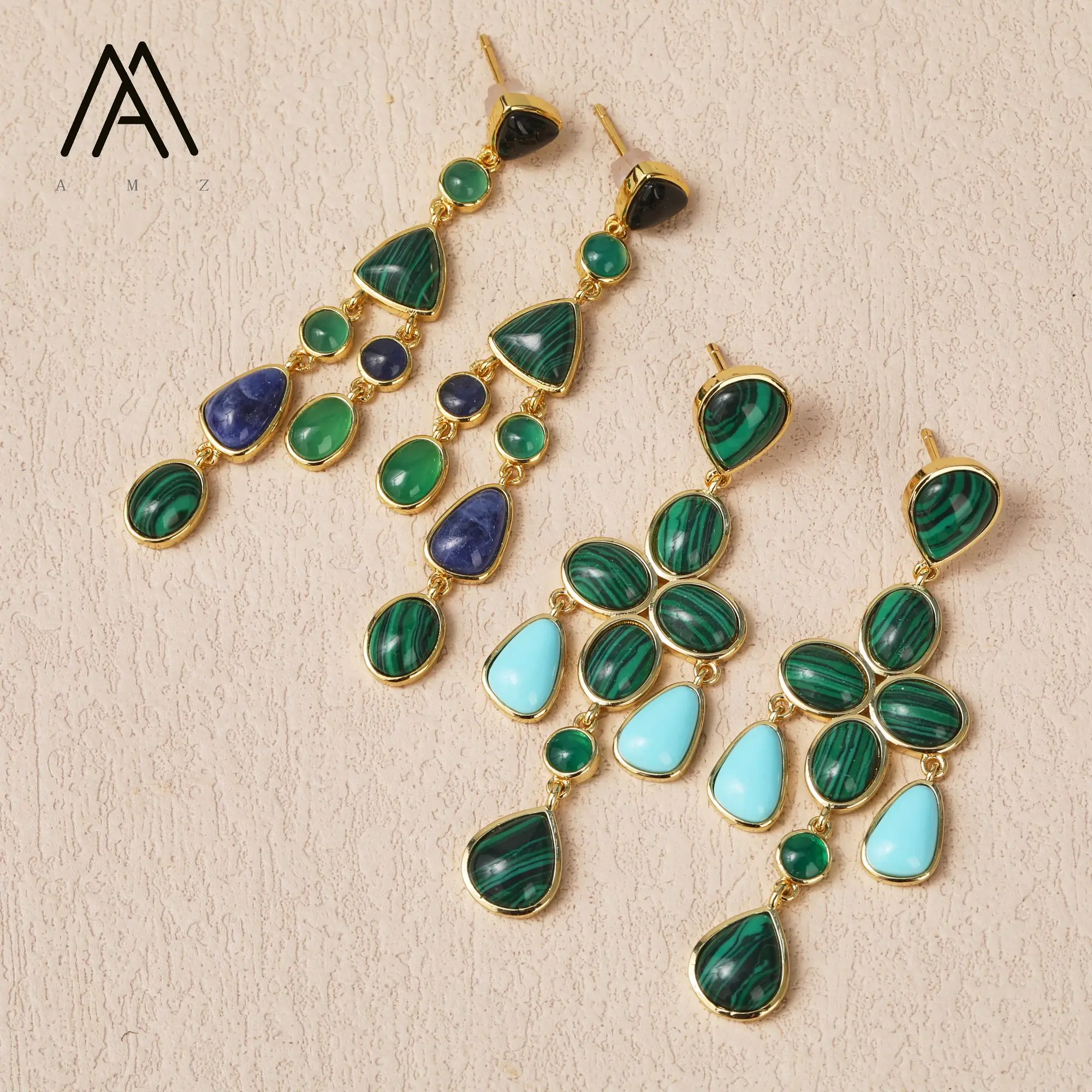 Natural Malachite Gem Stone Earrings 3 Mark Gold Plated Copper Fashion Jewelry Special Gift for Women Daily Wear