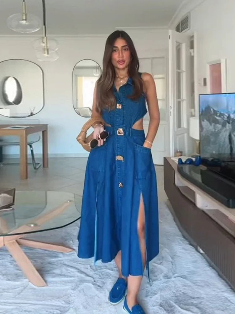Split Hollow Out Denim Dress Lapel Slim Fit Robes Big Skirt Hem Golden Button Cowboy Long Dresses Streetwear Odzież damska