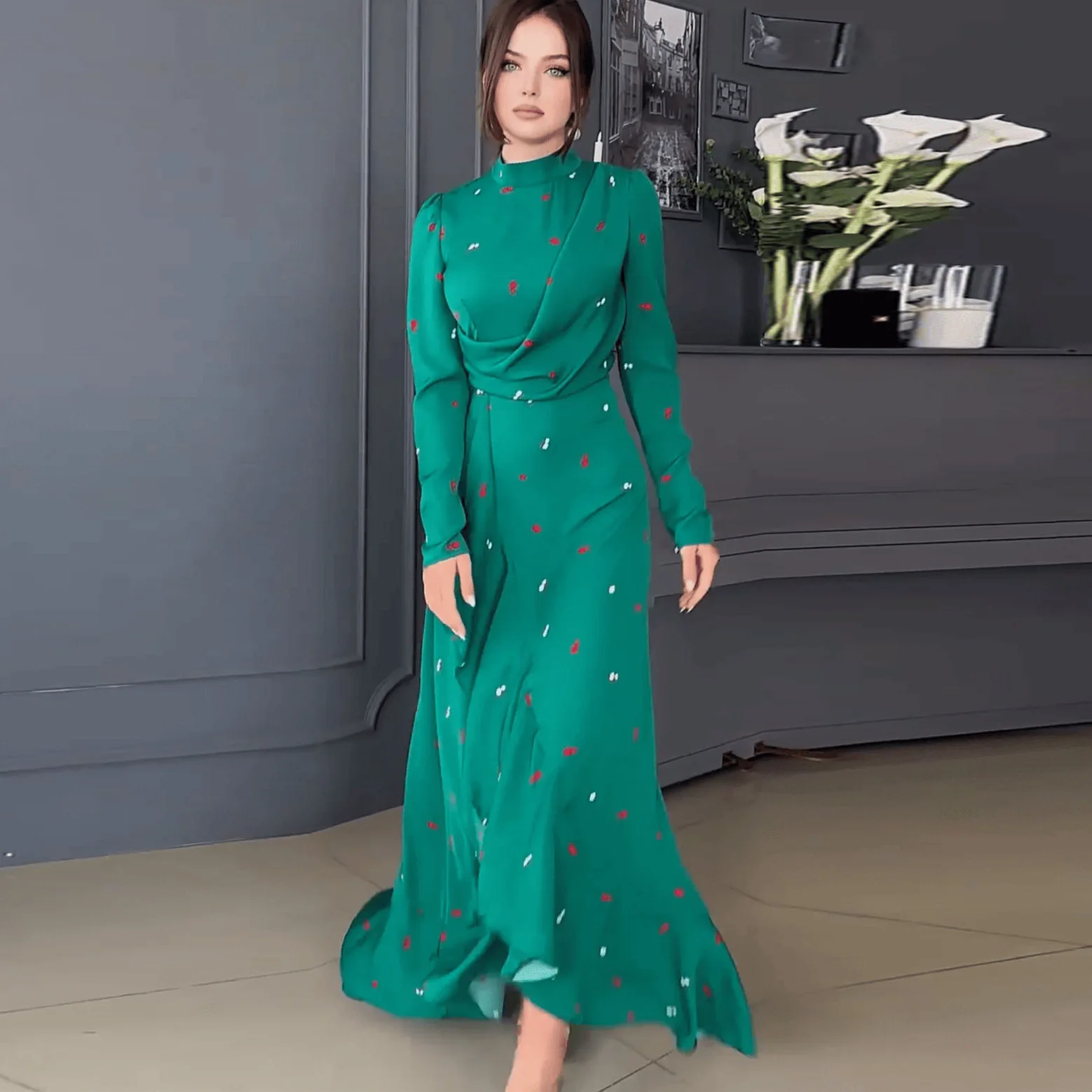 Dubai Arab Long Dress Women 2024 Autumn New Fashion Style Long Sleeve Slim Fit Ruffle Dress Long Dress Stand Collar Clothing