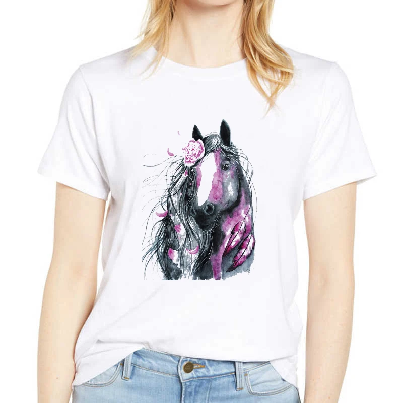 Watercolor Horse Unicorn Print T-Shirt Girl Tops Casual Women Tshirt White Summer Round Neck Ladies Clothes Harajuku Fashion